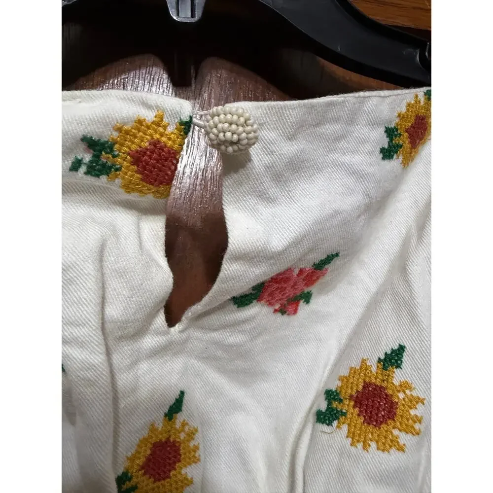 FARM Rio Floral Embroidered Cropped Blouse XS Puff Sleeve Smocked Back